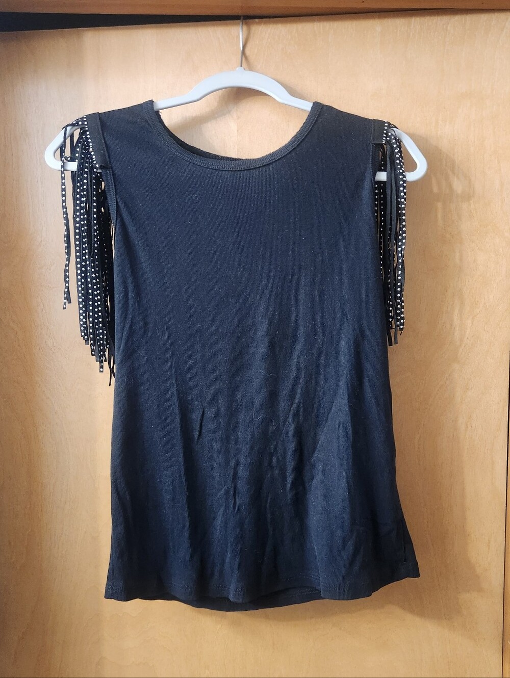 Vocal Black Tank Top with Fringe Ribbon Sleeves